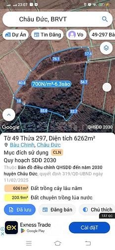 Bán gấp đất tại xã Bầu Chinh-Châu Đức-BRVT. DT:6262,3m2, Giá:700k/m2