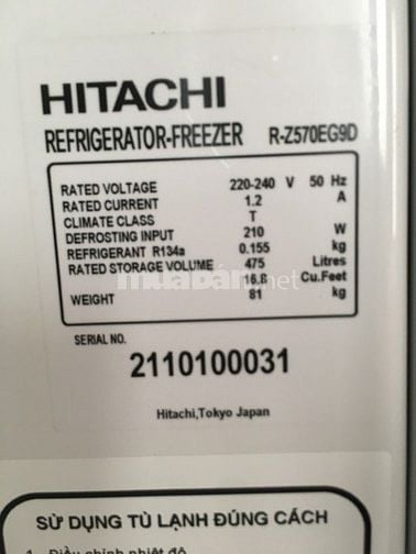 BÁN TỦ LẠNH HITACHI R-Z570EG90 giá 2,1 triệu