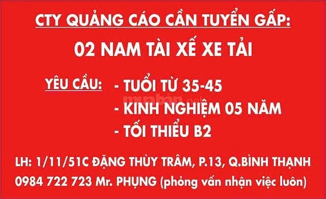 Công ty Quảng Cáo Phan Gia cần tuyển 02 nam tài xế B2