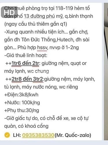 Cho thuê phòng trọ tại 119E hẻm 204 đường phú mỹ f22 quận binh thạnh