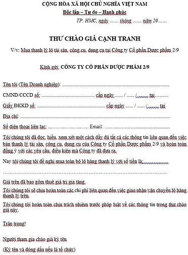 Cty CP Dược phẩm 2/9: THƯ MỜI THAM GIA CHÀO GIÁ MUA THANH LÝ TÀI SẢN