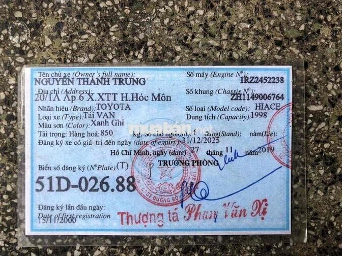 Toyota Hiace tải van đời 2000 6 chỗ/850kg