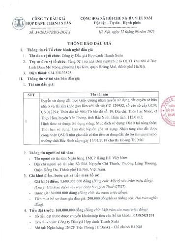 bán đấu giá thửa đất tại:Lạc Nhuế, Thụy Hòa, Yên Phong, Bắc Ninh