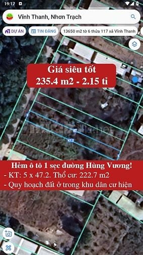 Bán 235.4m2 thổ cư hẻm ô tô 1 sẹc gần TT Nhơn Trạch giá cực kì tốt!