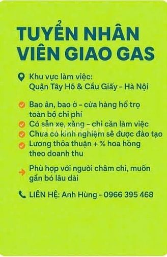 Tuyển nhân viên chở gas bao có chỗ  ăn nghỉ +  xăng xe 