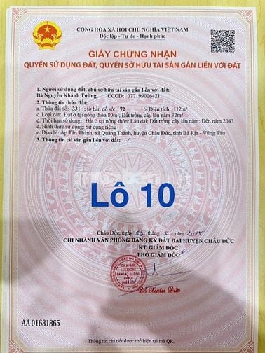 480tr rước ngay lô đất 112m2 có 80m2 thổ cư tại xã Châu Đức, TPHCM