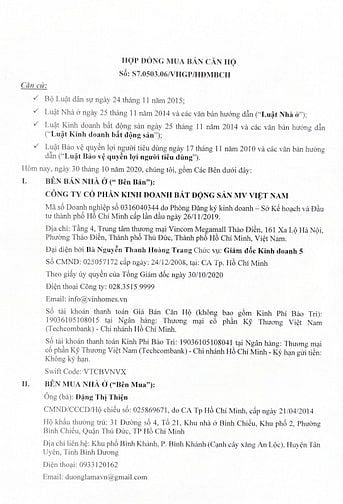 Thông báo mất Hợp đồng mua bán căn hộ số: S7.0503.06/VHGP/HĐMBCH