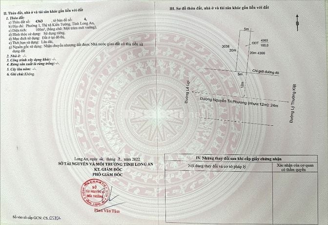 100m2 thổ cư (5x20) đường Nguyễn Tri Phương TX Kiến Tường Giá 1,65 tỷ