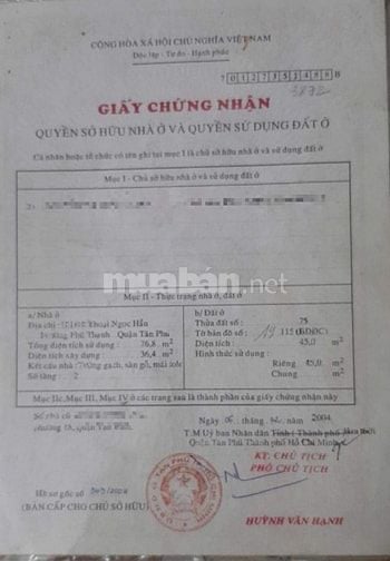 Bán nhà hẻm 3m(BG) Thoại Ngọc Hầu, P.Phú Thạnh, Q.Tân Phú giá 5.8 tỷ