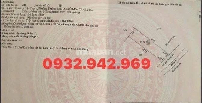 Nền 150m2 Thuộc Rạch Xẻo Đế Thuộc Trường Lạc Ô Môn - Gần  Chợ 