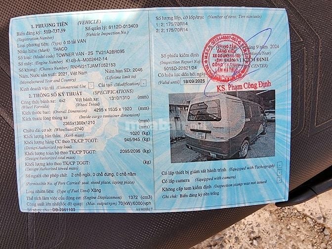 Bán xe VAN THACO 2 chỗ ngồi, Trọng lượng hàng 945kg 