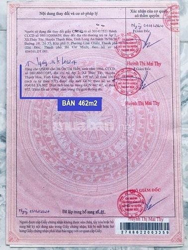 Bán đất thổ 462m2, sát QL.62,SHR, đường ô tô, Thạnh Hóa, Long An