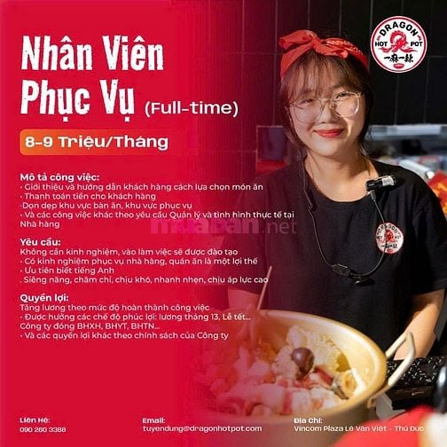 100 NV phục vụ NH Dragon Hotpot VN làm tại TTTM Vincom Q9 và Landmark