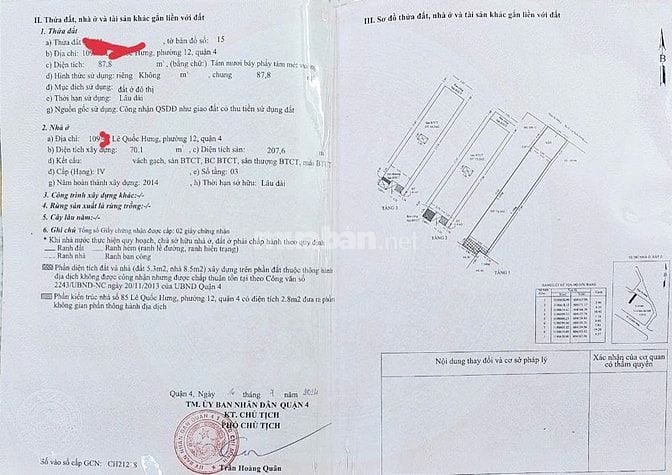 Bán nhà hẻm 109 lê quốc hưng.P13.Q4.dt:4x19m,giá:14tỷ(3lầu)