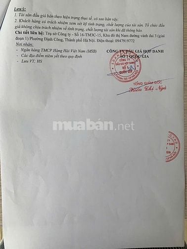 Công ty đấu giá Hợp danh Số 1 Quốc Gia thông báo bán đấu giá tài sản 