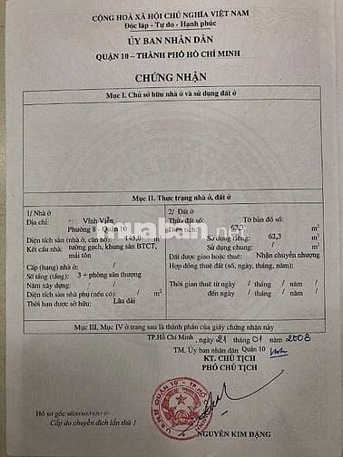 BÁN NHÀ GÓC 2 MẶT TIỀN :  462 VĨNH VIỄN - P. 8 - Q. 10 - HCM