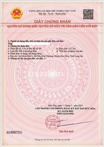 Chính chủ cần bán gấp 436m2 đất ở + 174m2 đất nn Đức Hoà, Long An
