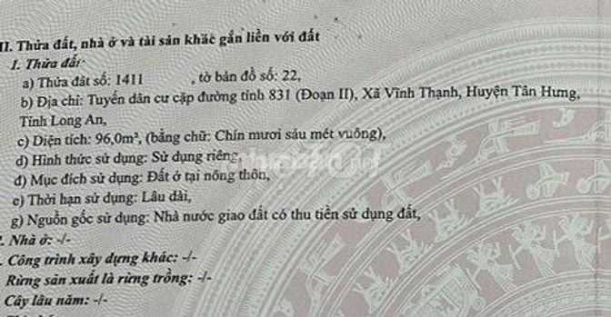 BÁN ĐẤT FULL THỔ CƯ 96M2 MẶT TIỀN ĐƯỜNG TỈNH 831, TÂN HƯNG, LONG AN – 
