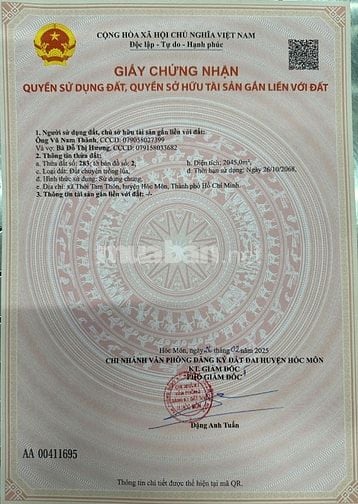 Bán đất Thới Tam Thôn Hóc Môn 