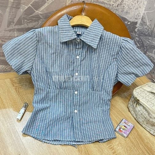  Áo sơ mi kẻ sọc tay bồng cổ điển Gu Nàng