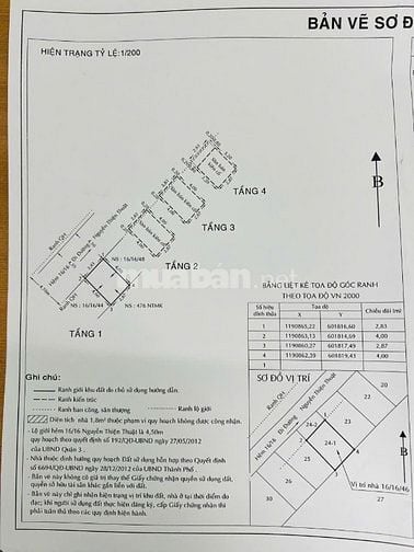 Bán nhà trệt, 3 lầu, Nguyễn Thiện Thuật, P2, Quận 3, hẻm 4m thông