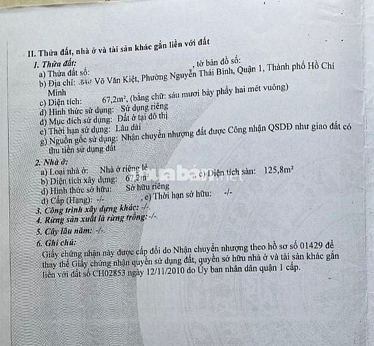 🌷 🌷 🌷 BÁN NHÀ MẶT TIỀN : 130 VÕ VĂN KIỆT - P. NGUYỄN THÁI BÌNH -Q.1