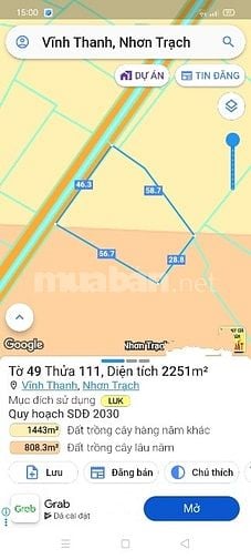 Bán 2251m2 đất lúa xã Vĩnh Thanh.Nhơn Trạch.1 tỷ 6