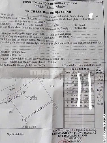 Bán 2868m2 full thổ cư Thanh Phú Long Châu Thành Long An giá 1.8 
