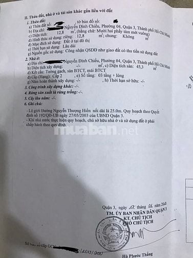 Bán nhà hẻm Nguyễn Thượng Hiền, Quận 3 - Giá: 3,2 Tỷ (TL)