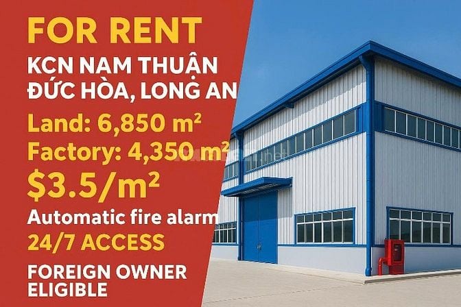 Cho thuê 6.850m2 nhà xưởng cao cấp , KCN Nam Thuận , Đức Hòa ,Long An 
