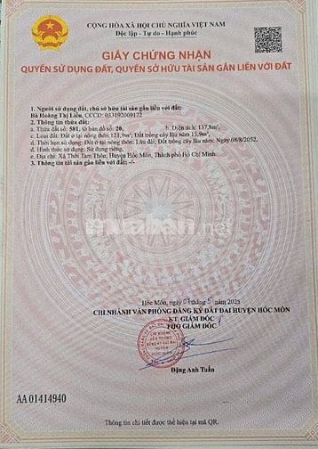 Cần bán gấp đất thổ cư trung tâm thị trấn Hóc Môn, 5,6x24m, 3 tỷ 300