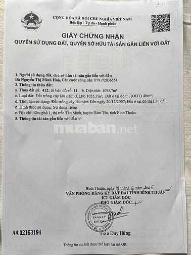 Chính chủ bán đất Thổ Cư Tân Minh - Bình Thuận