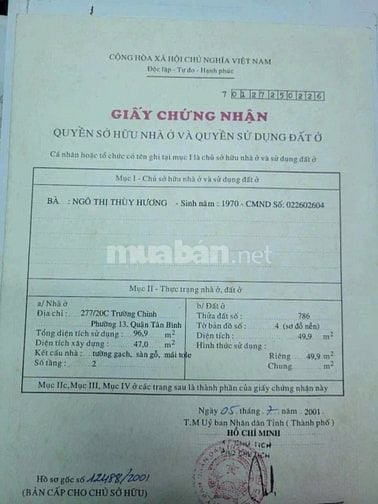 CHính CHủ Cần Bán 4 Căn Nhà Khu Bàu Cát- Tân Bình- TPHCM