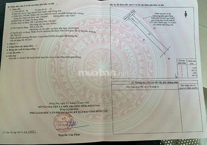 Đất thổ cư ,sổ hồng riêng ,định quán đồng nai