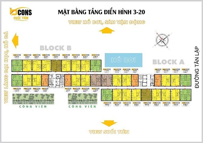 Căn hộ 2pn2wc diện tích 57.6m2, ban công hướng Đông Nam