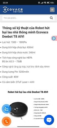  Robot hút bụi lau nhà Ecovacs Deebot Ozmo T8 AIVI Hàng chính hãng