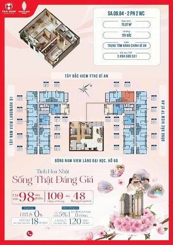 CH ở ngay TTHC, 77m2-2pn/giá 2.8 tỷ. Cho thuê 15tr/tháng