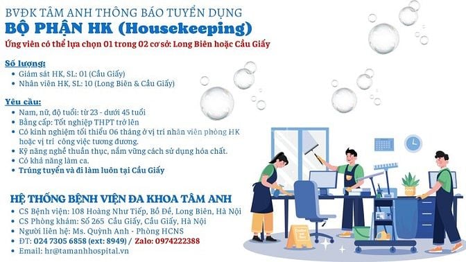 Bệnh viện Đa khoa Tâm Anh tuyển dụng Nhân viên HK (Tạp vụ/Buồng phòng)