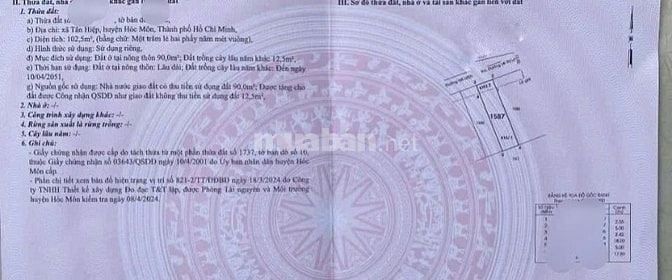 BÁN ĐẤT TẶNG NHÀ Ở TÂN HIỆP- HÓC MÔN, DT 102m2. GIÁ 750 TRIỆU, SHR