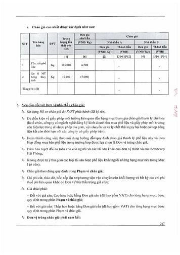THÔNG BÁO MỜI CHÀO GIÁ CẠNH TRANH THANH LÝ PHẾ LIỆU