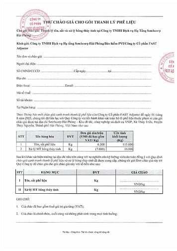 THÔNG BÁO MỜI CHÀO GIÁ CẠNH TRANH THANH LÝ PHẾ LIỆU