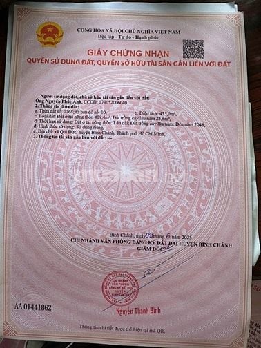 Chính chủ cần bán gấp , mặt tiền Hương Lộ 11 DT 435M Đất Ở ONT ,SHR 