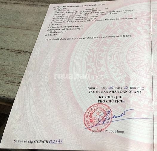 Bán 75m2 đất đường 19 Cát Lái.Tp HCM 6 tỷ 6