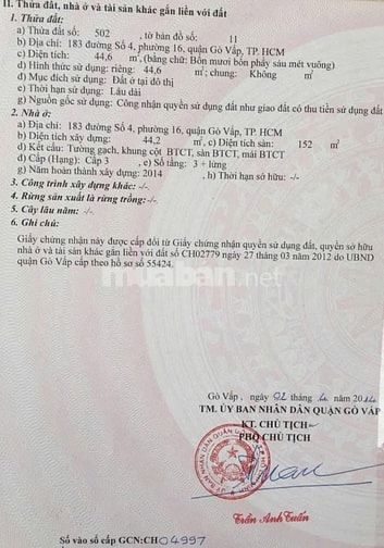 Bán nhà mặt tiền đẹp 3 lầu (4x13) 183 Đường số 4 p16 Gò Vấp