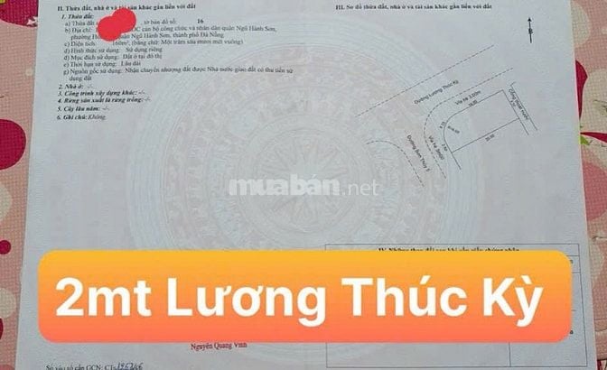 160m2/ 12 tỷ đất  2 M tiền Lương Thúc Kỳ- Sơn Thủy 5, trục thông ra Bi