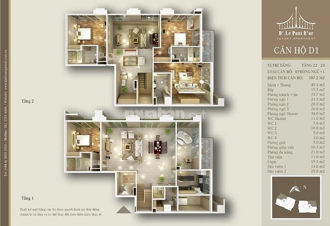 Penthouse thông tầng 22-23 D. Le Pont Dor Hoàng Cầu 403m2 và 406m2 