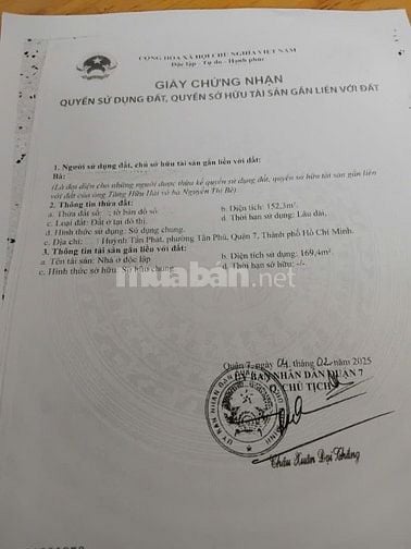 BÁN NHÀ MẶT TIỀN : 704 HUỲNH TẤN PHÁT - P. TÂN PHÚ - Q. 7 HCM