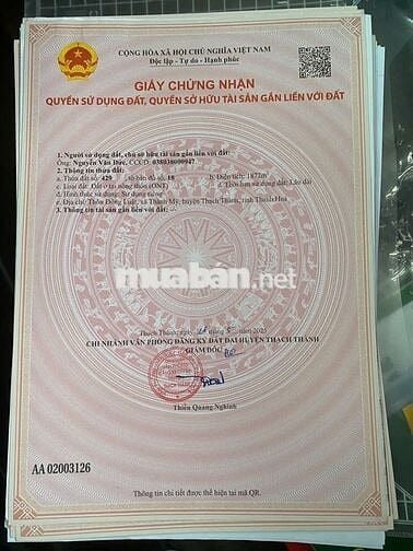 Bán đất chính chủ tại Thành Mỹ - Thạch Thành – Thanh Hóa. CHỈ 190tr/lô