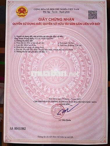 Đất thổ cư đường xe tải KP1-2, TT Hóc Môn, 4m x 15m, 2.95 tỷ
