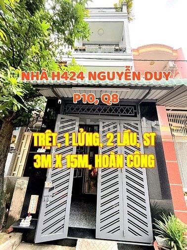Nhà Hẻm Xe hơi, H424 Nguyễn Duy , P10, Q8. DT 3mx15m,1trệt, 2 lầu, ST.